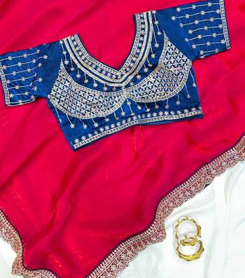 Rani Pink Color embroidery fancy lace border Satin Saree 2