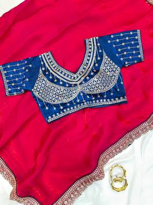 Rani Pink Color embroidery fancy lace border Satin Saree 3