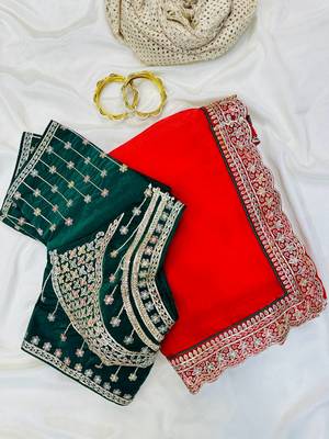 Red Pink Color embroidery fancy lace border Satin Saree 1