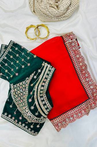 Red Pink Color embroidery fancy lace border Satin Saree