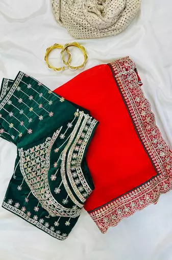 Red Pink Color embroidery fancy lace border Satin Saree