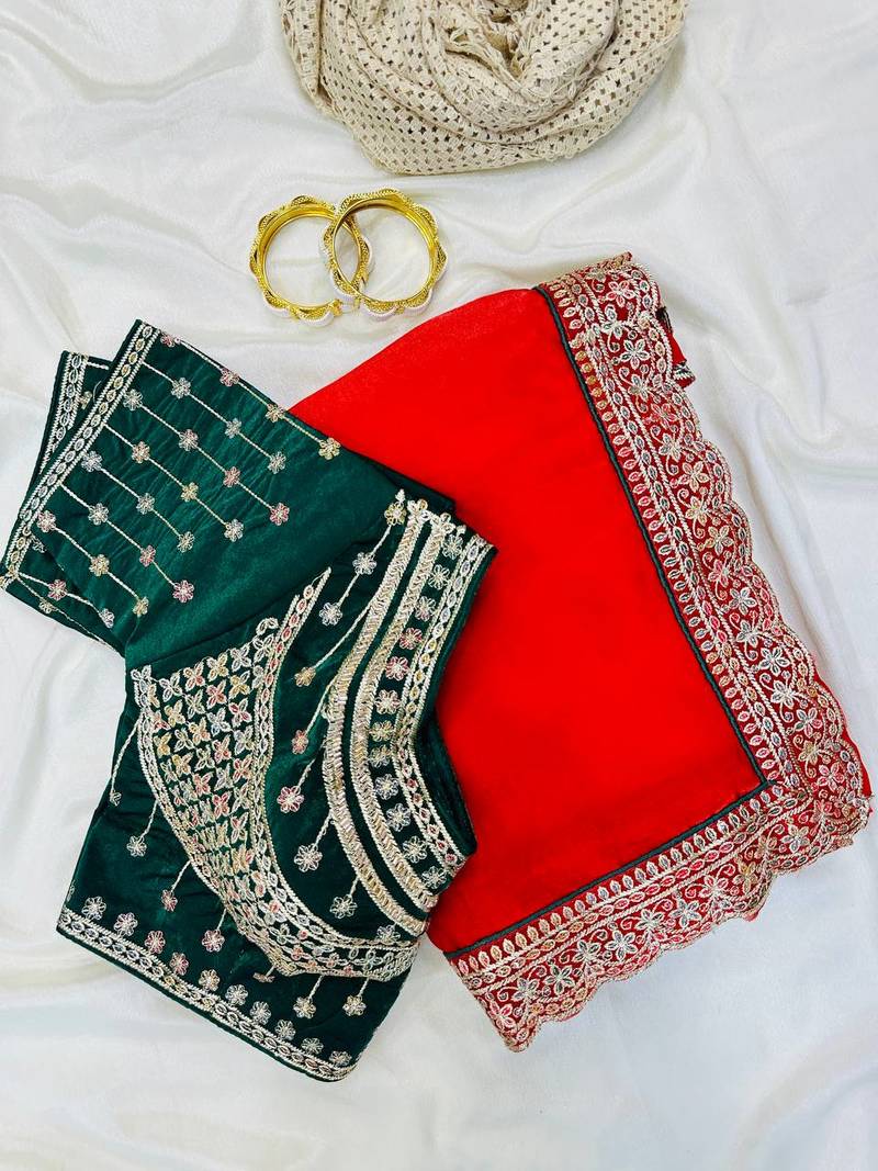 Red Pink Color embroidery fancy lace border Satin Saree