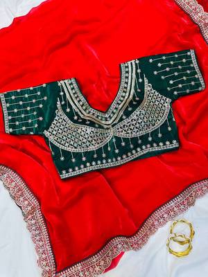 Red Pink Color embroidery fancy lace border Satin Saree 3