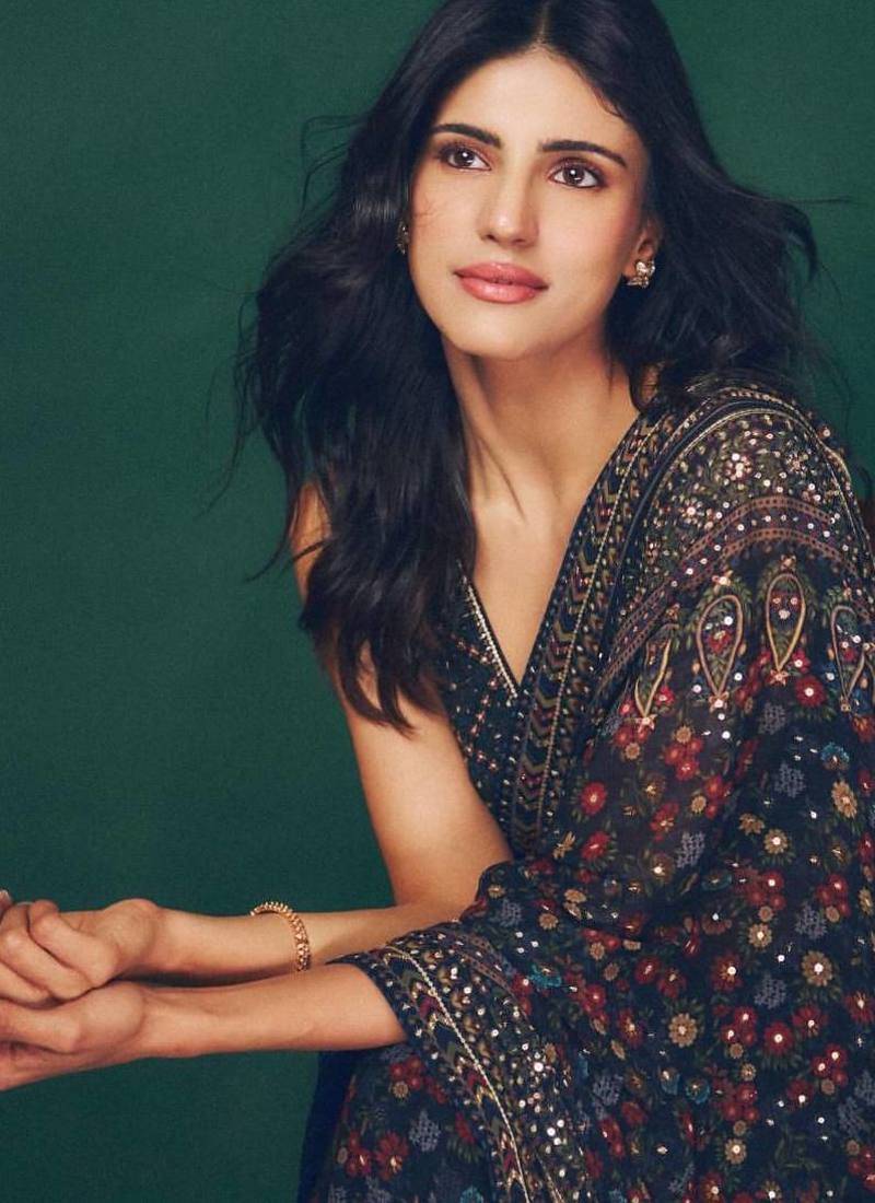 Navy Blue Color Sequins and diamonds Work Georgette Saree