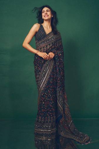 Navy Blue Color Sequins and diamonds Work Georgette Saree