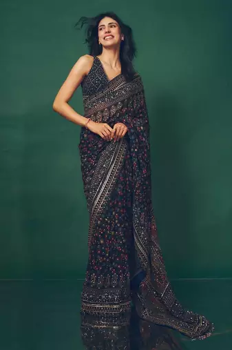 Navy Blue Color Sequins and diamonds Work Georgette Saree