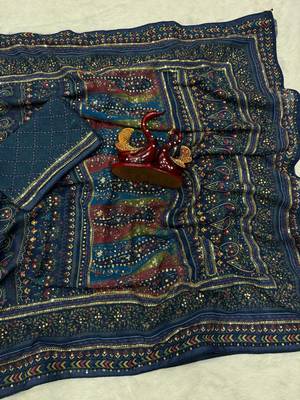 Navy Blue Color Sequins and diamonds Work Georgette Saree 4