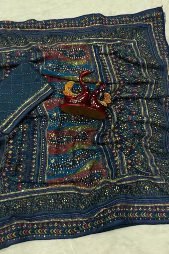 Navy Blue Color Sequins and diamonds Work Georgette Saree
