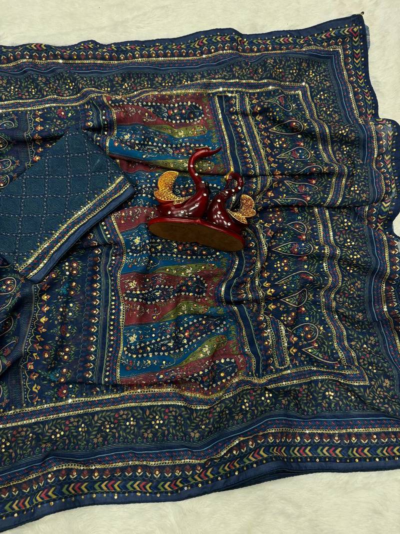 Navy Blue Color Sequins and diamonds Work Georgette Saree