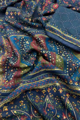 Navy Blue Color Sequins and diamonds Work Georgette Saree