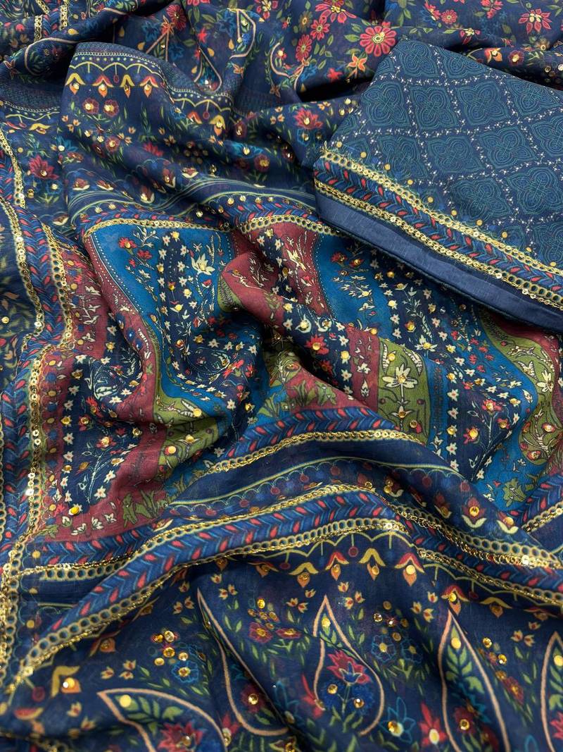 Navy Blue Color Sequins and diamonds Work Georgette Saree