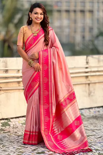 Peach soft silk rangoli art zari weaving saree with contrast blouse piece