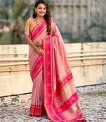 Peach soft silk rangoli art zari weaving saree with contrast blouse piece