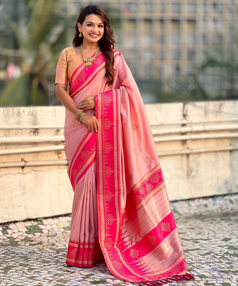 Peach soft silk rangoli art zari weaving saree with contrast blouse piece