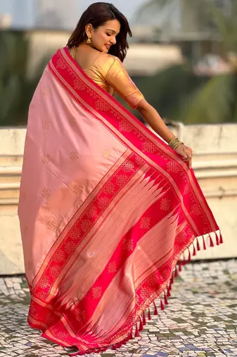 Peach soft silk rangoli art zari weaving saree with contrast blouse piece