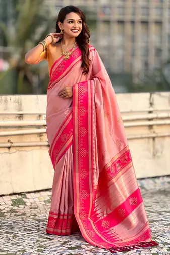 Peach soft silk rangoli art zari weaving saree with contrast blouse piece