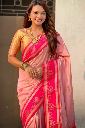 Peach soft silk rangoli art zari weaving saree with contrast blouse piece
