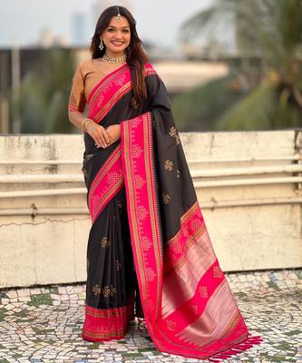 Black soft silk rangoli art zari weaving saree with contrast blouse piece 1