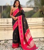 Black soft silk rangoli art zari weaving saree with contrast blouse piece