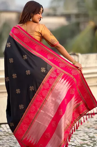Black soft silk rangoli art zari weaving saree with contrast blouse piece