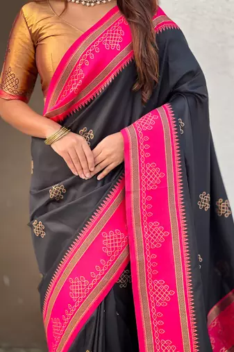 Black soft silk rangoli art zari weaving saree with contrast blouse piece