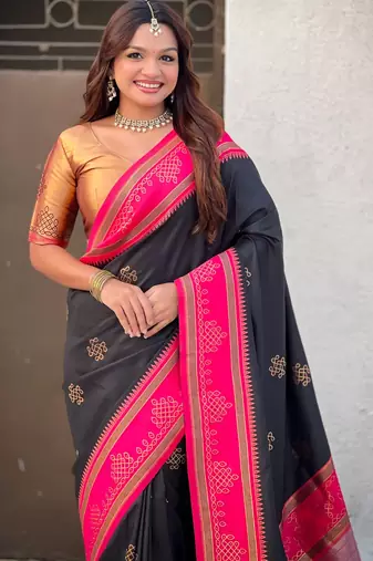 Black soft silk rangoli art zari weaving saree with contrast blouse piece