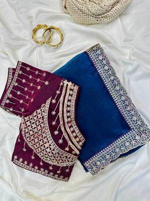 Teal  Color embroidery fancy lace border Satin Saree 1