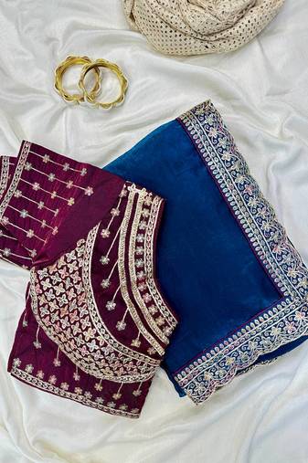 Teal  Color embroidery fancy lace border Satin Saree