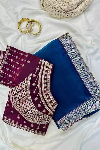 Teal  Color embroidery fancy lace border Satin Saree