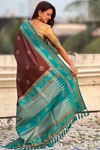 Brown soft silk rangoli art zari weaving saree with contrast blouse piece