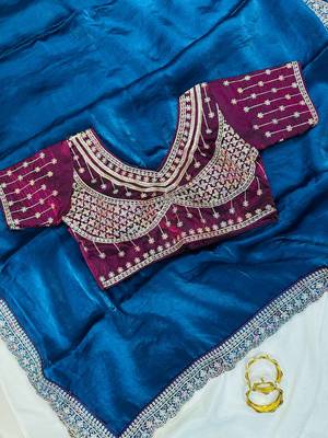 Teal  Color embroidery fancy lace border Satin Saree 2