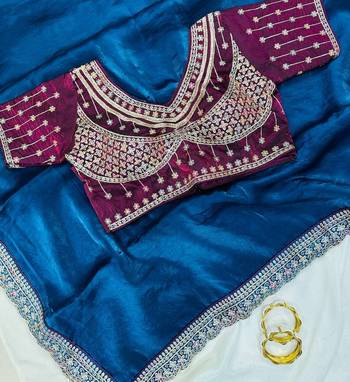 Teal  Color embroidery fancy lace border Satin Saree 3