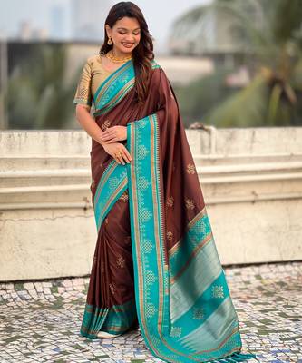 Brown soft silk rangoli art zari weaving saree with contrast blouse piece 3