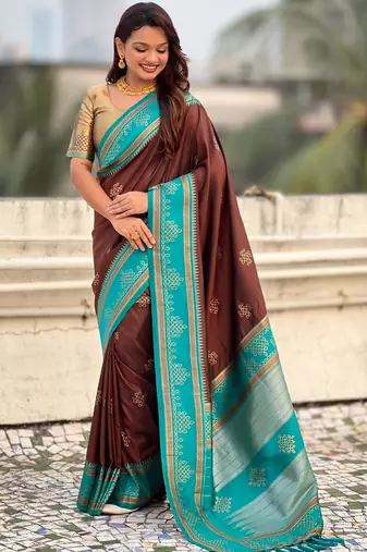 Brown soft silk rangoli art zari weaving saree with contrast blouse piece
