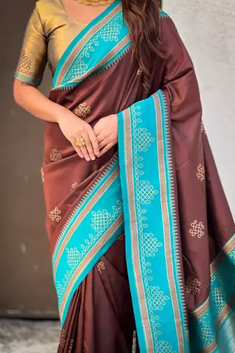 Brown soft silk rangoli art zari weaving saree with contrast blouse piece