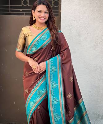 Brown soft silk rangoli art zari weaving saree with contrast blouse piece 5