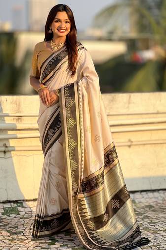 Off white soft silk rangoli art zari weaving saree with contrast blouse piece
