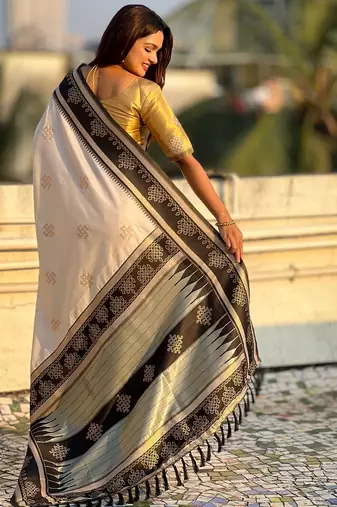 Off white soft silk rangoli art zari weaving saree with contrast blouse piece