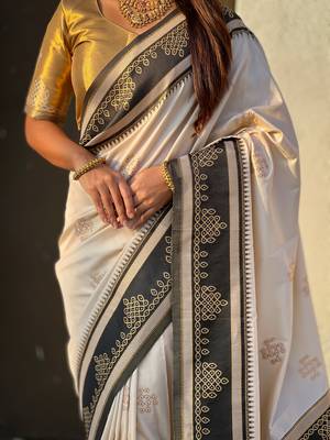 Off white soft silk rangoli art zari weaving saree with contrast blouse piece 4