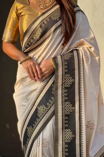 Off white soft silk rangoli art zari weaving saree with contrast blouse piece