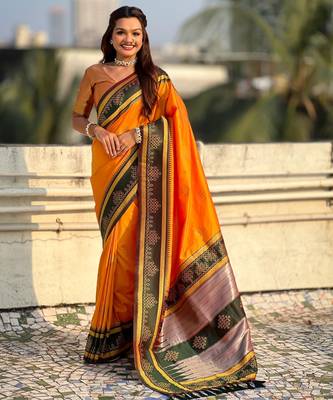 Orange soft silk rangoli art zari weaving saree with contrast blouse piece 1