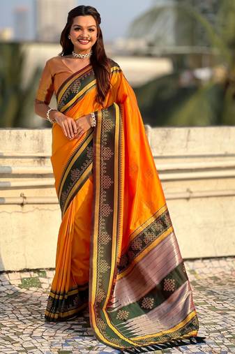 Orange soft silk rangoli art zari weaving saree with contrast blouse piece
