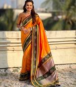 Orange soft silk rangoli art zari weaving saree with contrast blouse piece