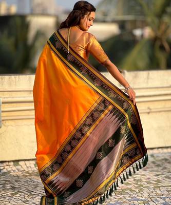 Orange soft silk rangoli art zari weaving saree with contrast blouse piece 2