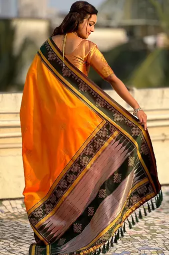 Orange soft silk rangoli art zari weaving saree with contrast blouse piece