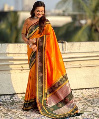 Orange soft silk rangoli art zari weaving saree with contrast blouse piece 3