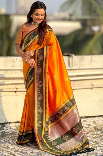 Orange soft silk rangoli art zari weaving saree with contrast blouse piece