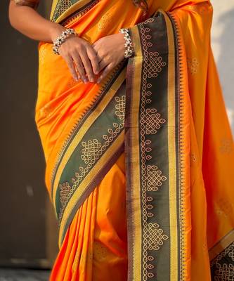 Orange soft silk rangoli art zari weaving saree with contrast blouse piece 4