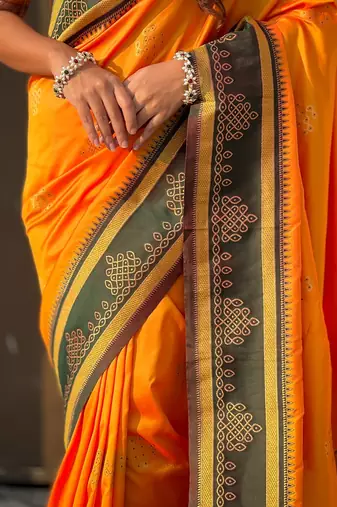 Orange soft silk rangoli art zari weaving saree with contrast blouse piece