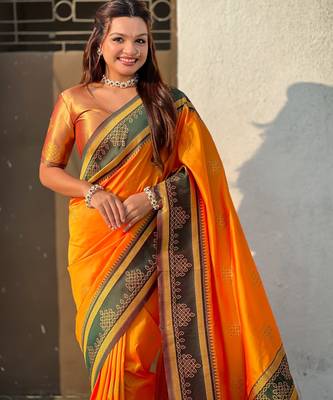 Orange soft silk rangoli art zari weaving saree with contrast blouse piece 5